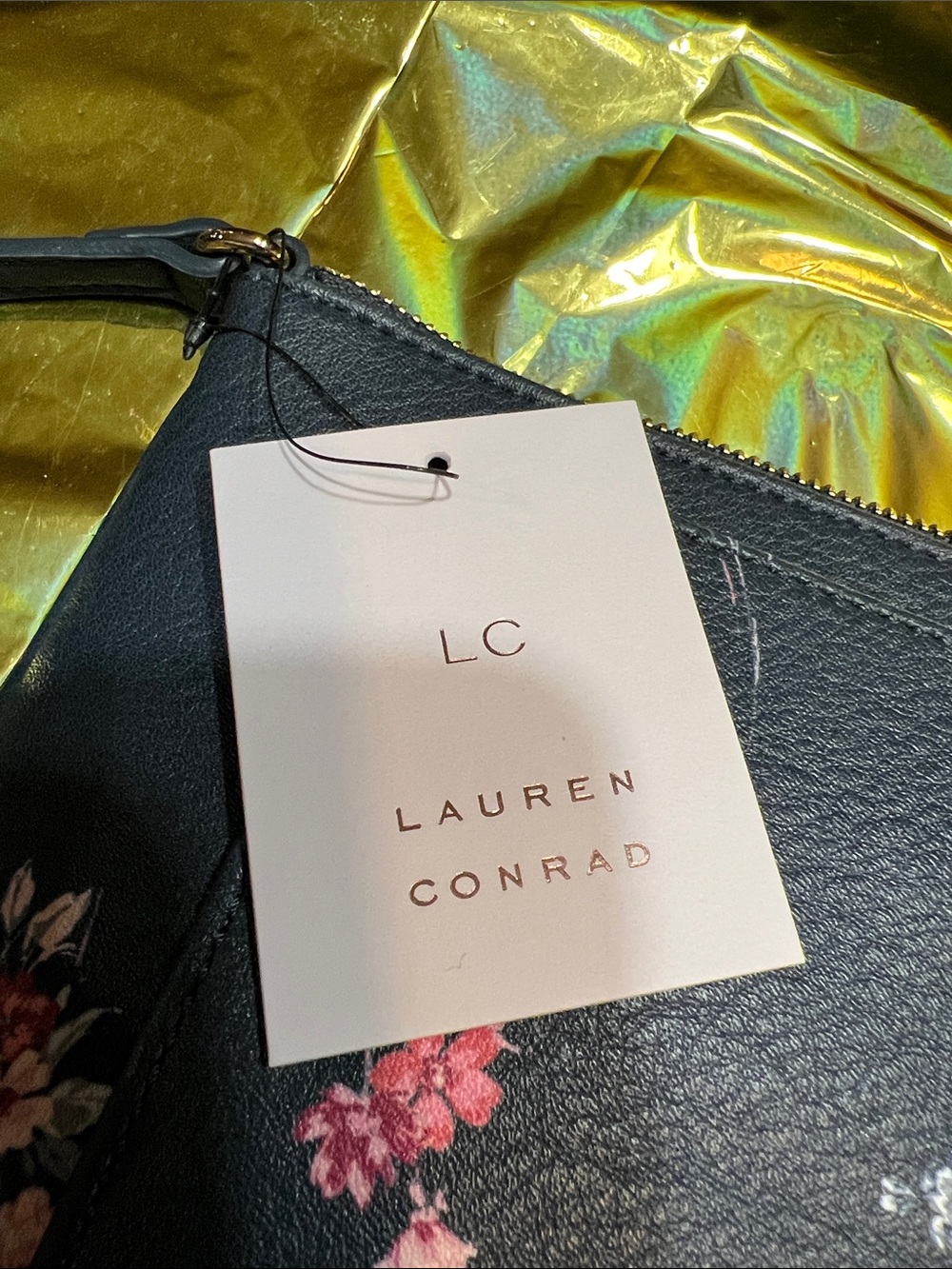 LC Lauren Conrad Navy Blue Crossbody Bag with Pink Floral Print - Picture 4 of 5
